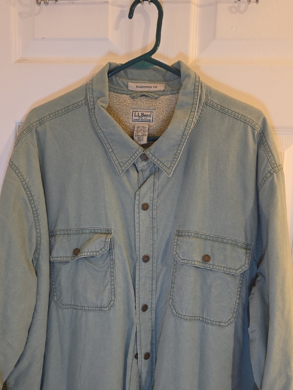 L.L. Bean Light Green Denim Shirt Jacket with Sherpa Lining